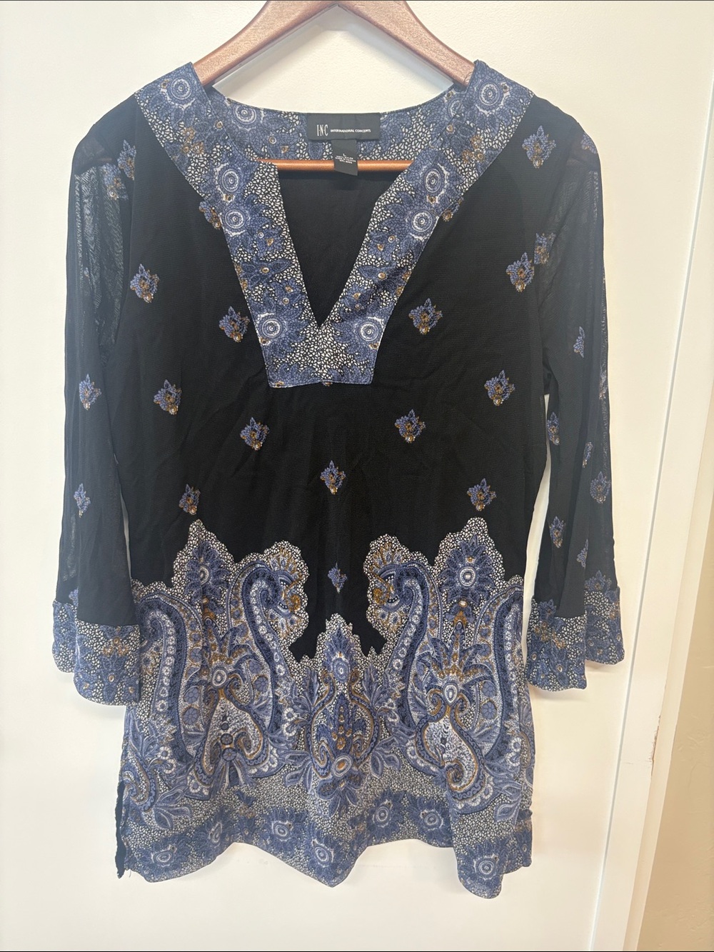 INC International Concepts Black Tunic with Blue Paisley Border